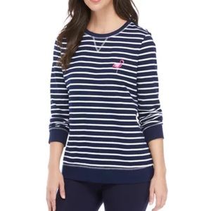 Kim Rogers Nautical striped flamingo Ling Sleeve Top size S Navy